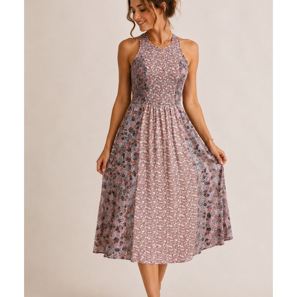 Japna Floral Halter Style Midi Dress XS Smocked Bodice Racerback Boho Romantic